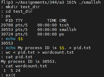 smallsh demonstrating an example usage